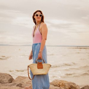 Panier h – Palmier & cuir marron